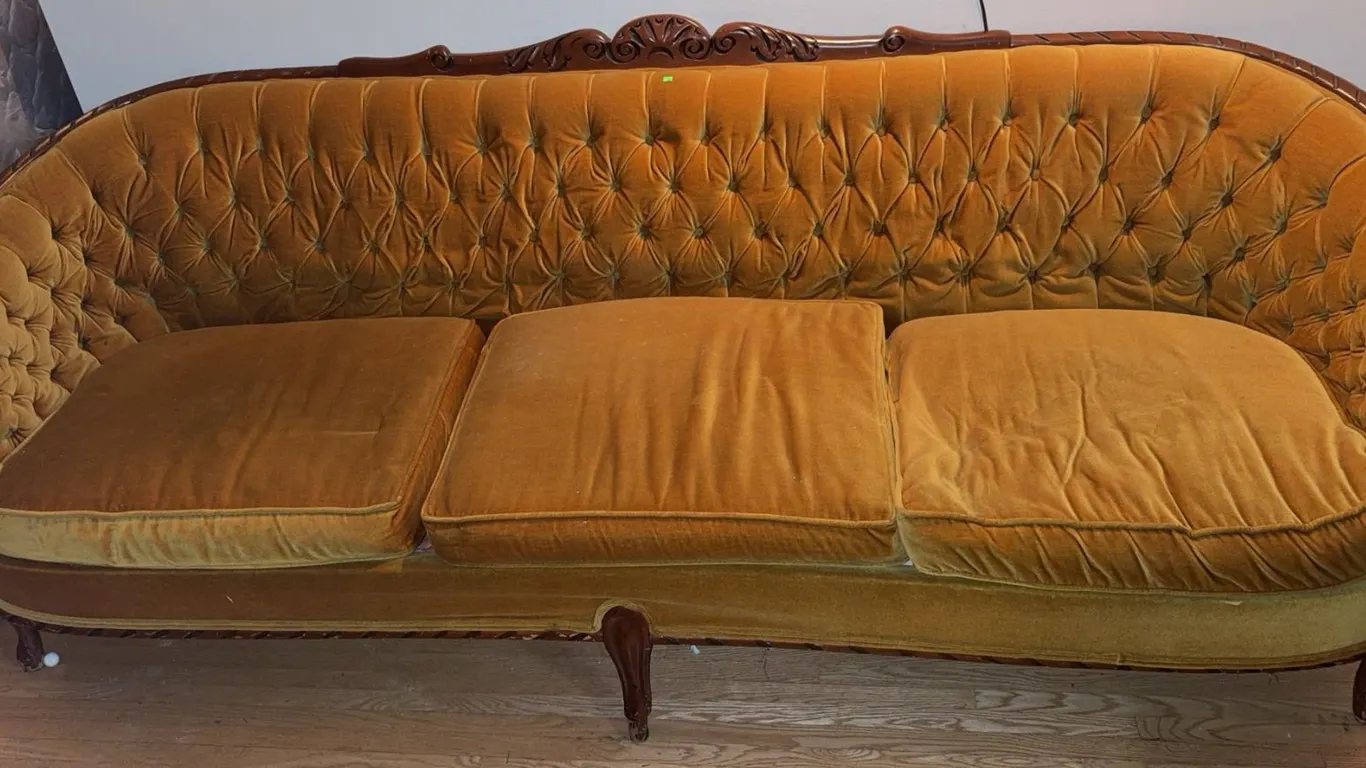 Carved Wood Frame Sofa with Tufted Gold Velvet Upholstery