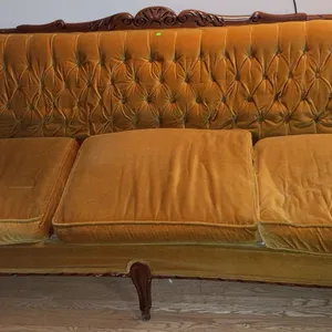 Carved Wood Frame Sofa with Tufted Gold Velvet Upholstery