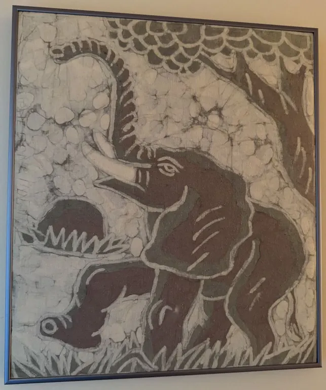 Framed Batik Textile Art Depicting Elephant Under Tree