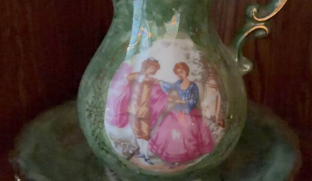 Porcelain Pitcher and Bowl Set with Gold Trim and Romantic Scene, Green Glaze
