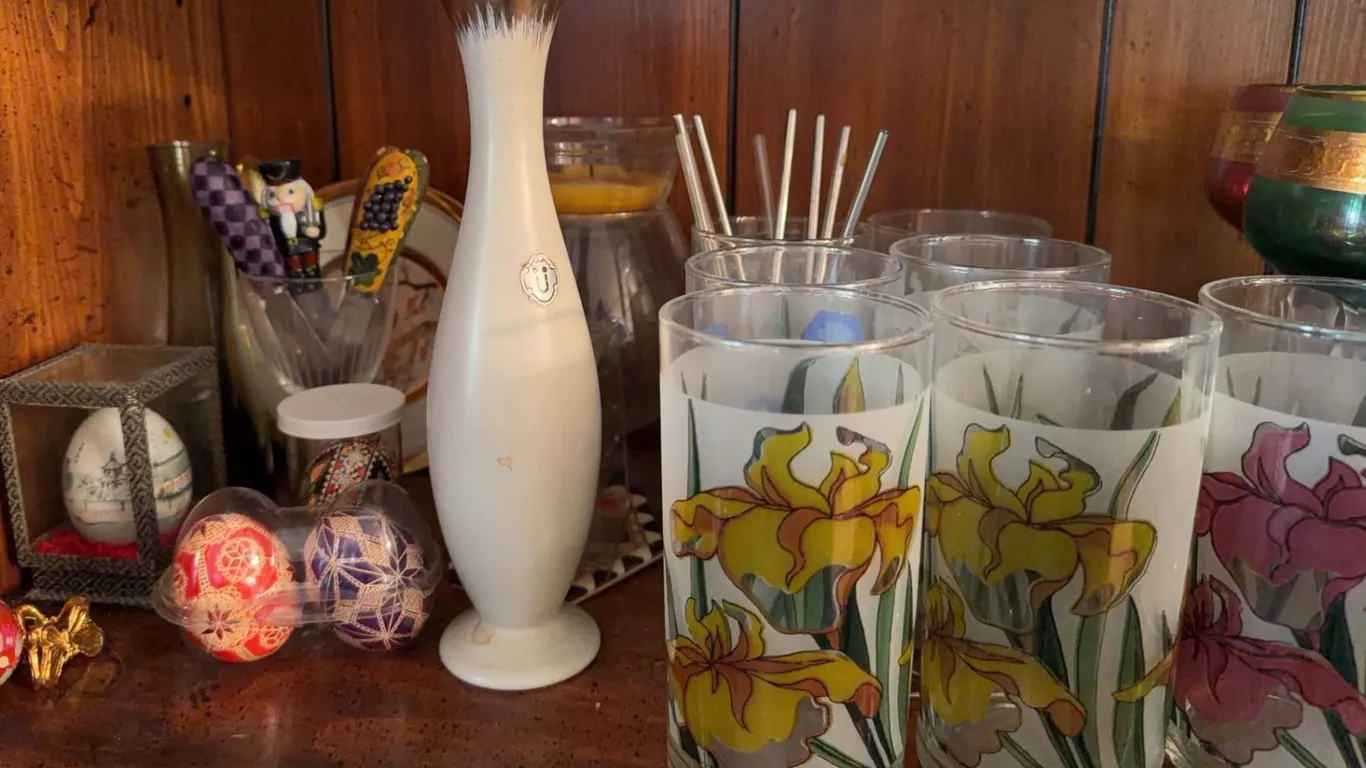 6 Floral Frosted Glasses with Yellow and Pink Iris Motif