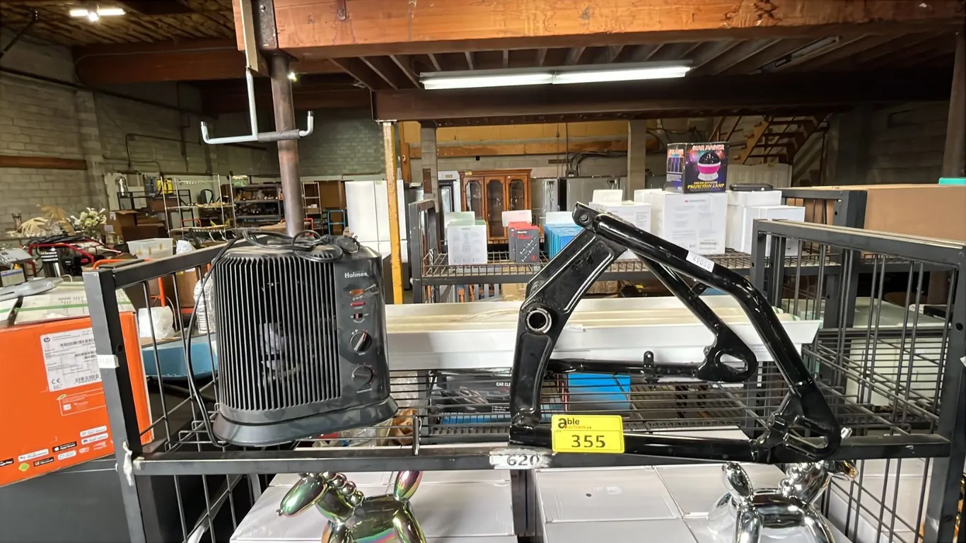 HOLMES OSCILLATING FAN/HEATER, FLUORESCENT CEILING LIGHT FIXTURE & MOTORCYCLE REAR SWINGARM