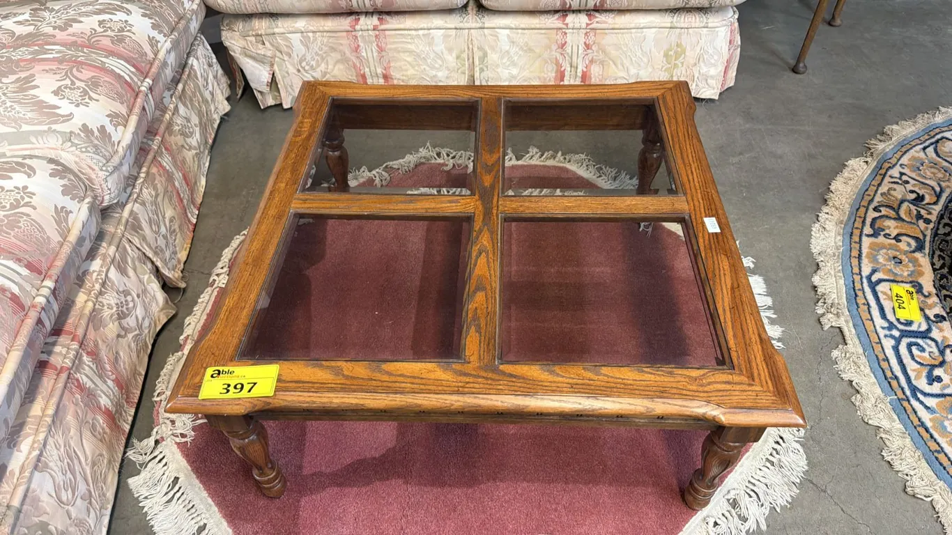 VINTAGE SQUARE WOOD & GLASS INSERT COFFEE TABLE
