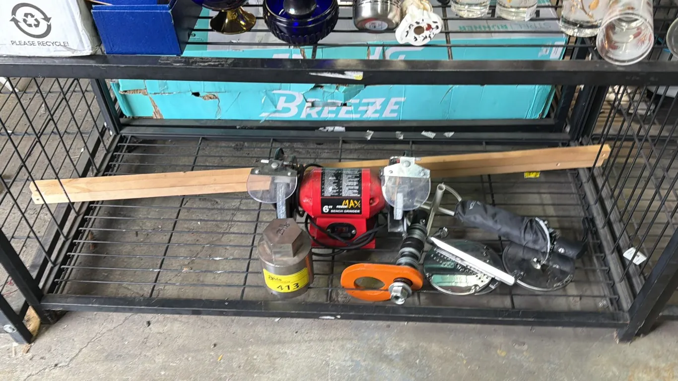 6" BENCH GRINDER, FOOD PROCESSOR BLADES, LARGE BALL JOINT SOCKET & MORE