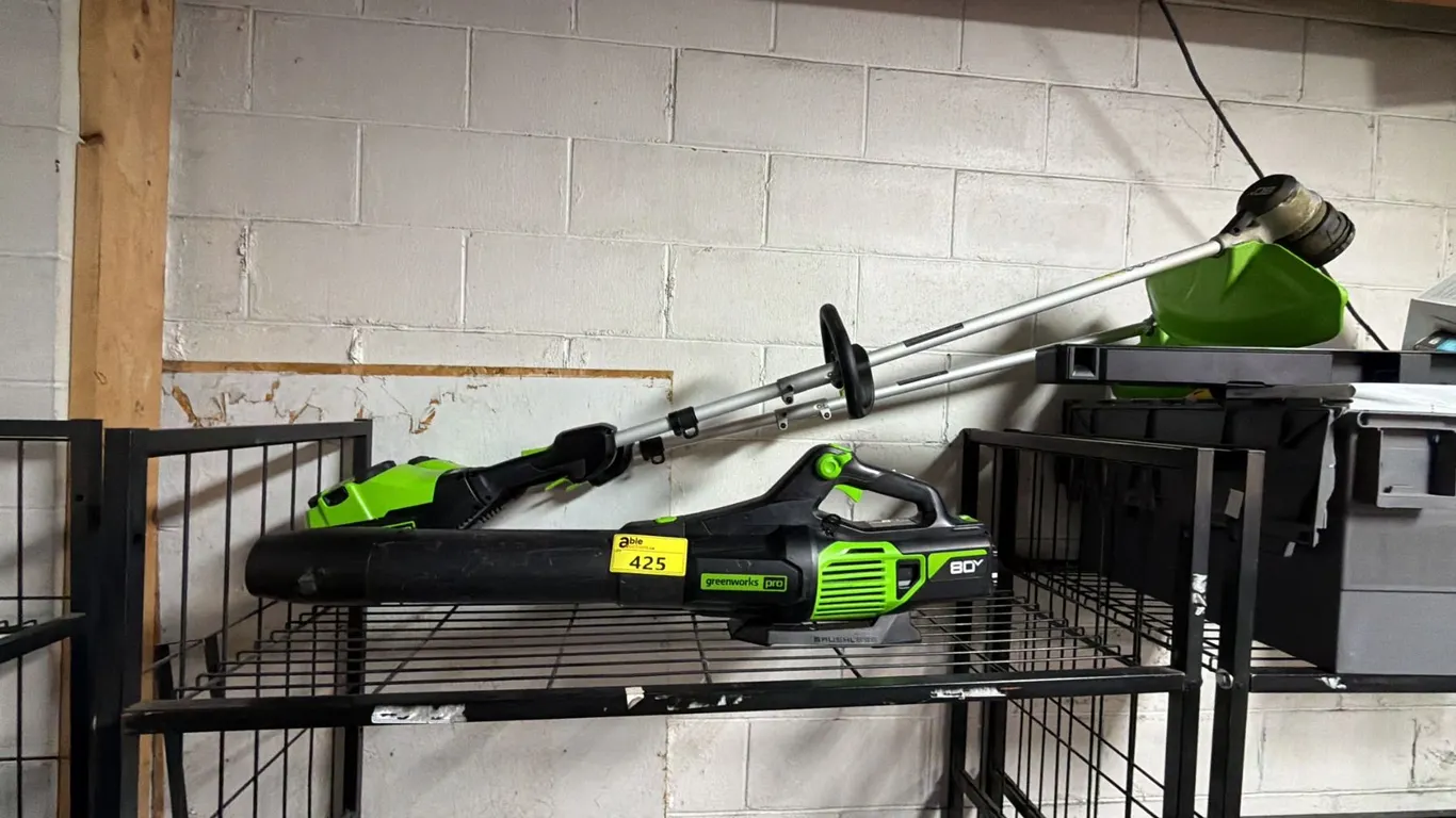 GREENWORKS PRO CORDLESS BLOWER & 2 GREENWORKS PRO CORDLESS WEED TRIMMERS WITH BATTERIES