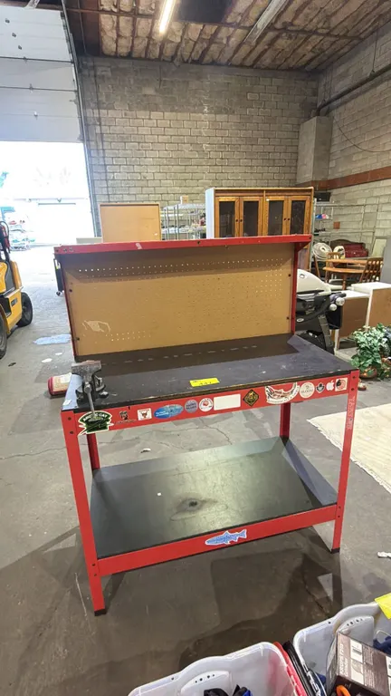 METAL WORKBENCH WITH PEG BOARD HUTCH & BENCH VISE