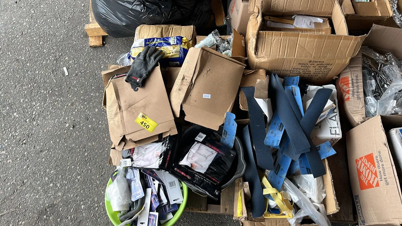 PALLET OF MARIGOLD RUBBER GLOVES, PAINT ROLLER BRUSHES, SANDPAPER, WESTWARD SCREWDRIVER BITS & MORE