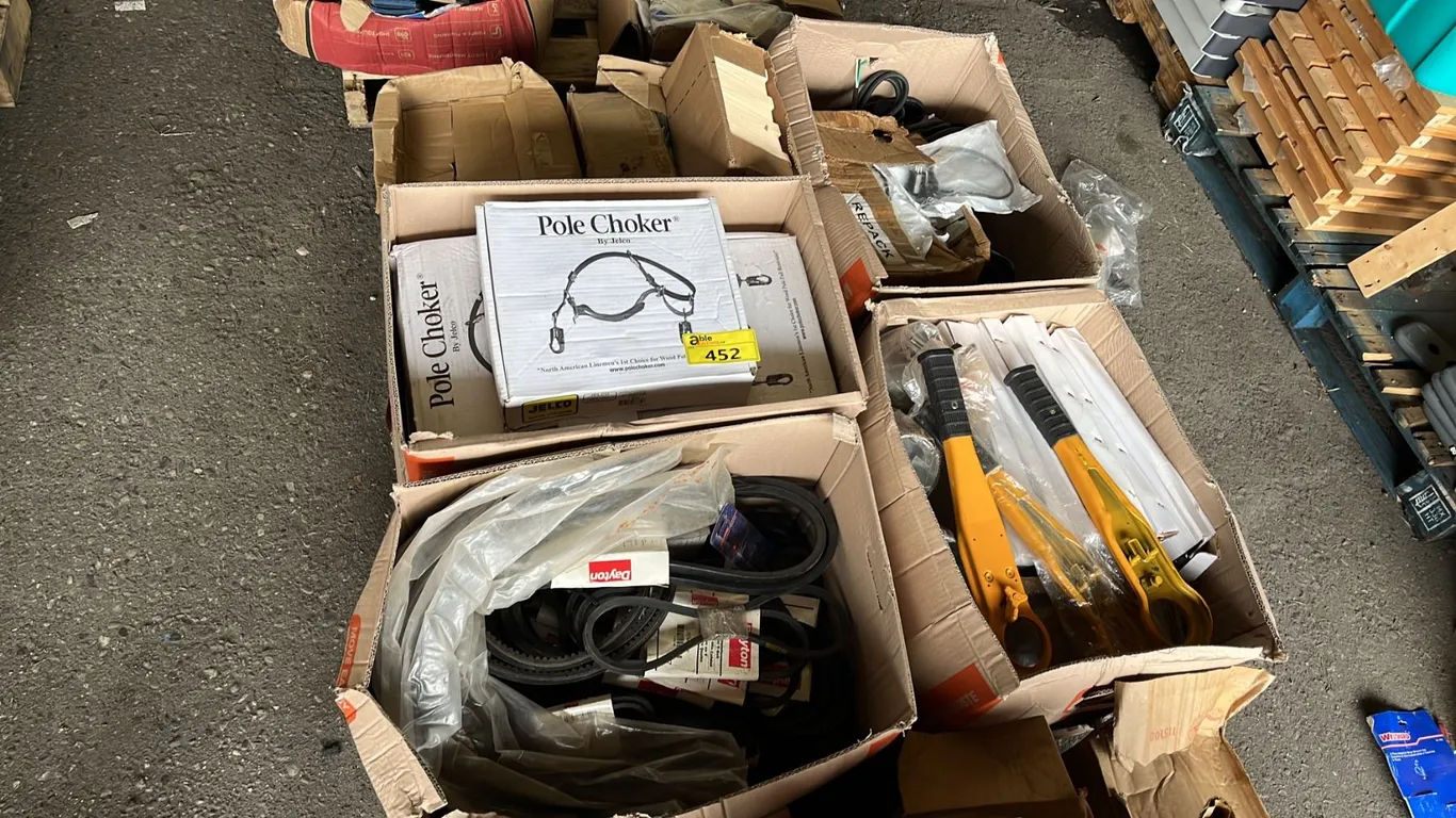 PALLET OF POLE CHOKERS, PREMIUM V-BELTS, CHAIN HOIST LEVER ASSEMBLIES & MORE *MUST TAKE ALL*