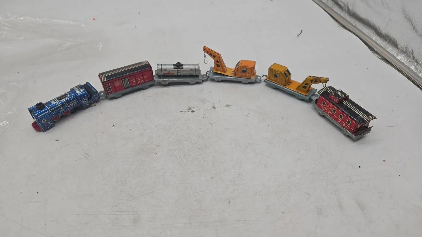 Vintage miniature Japanese metal lithograph friction drive toy train set