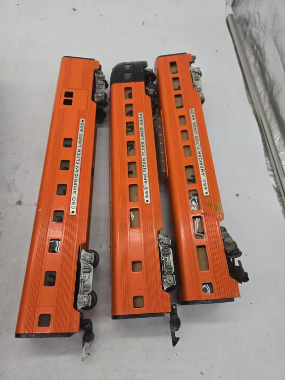 Vintage American flyer number 660-and 662 and 663 aluminum observation car set