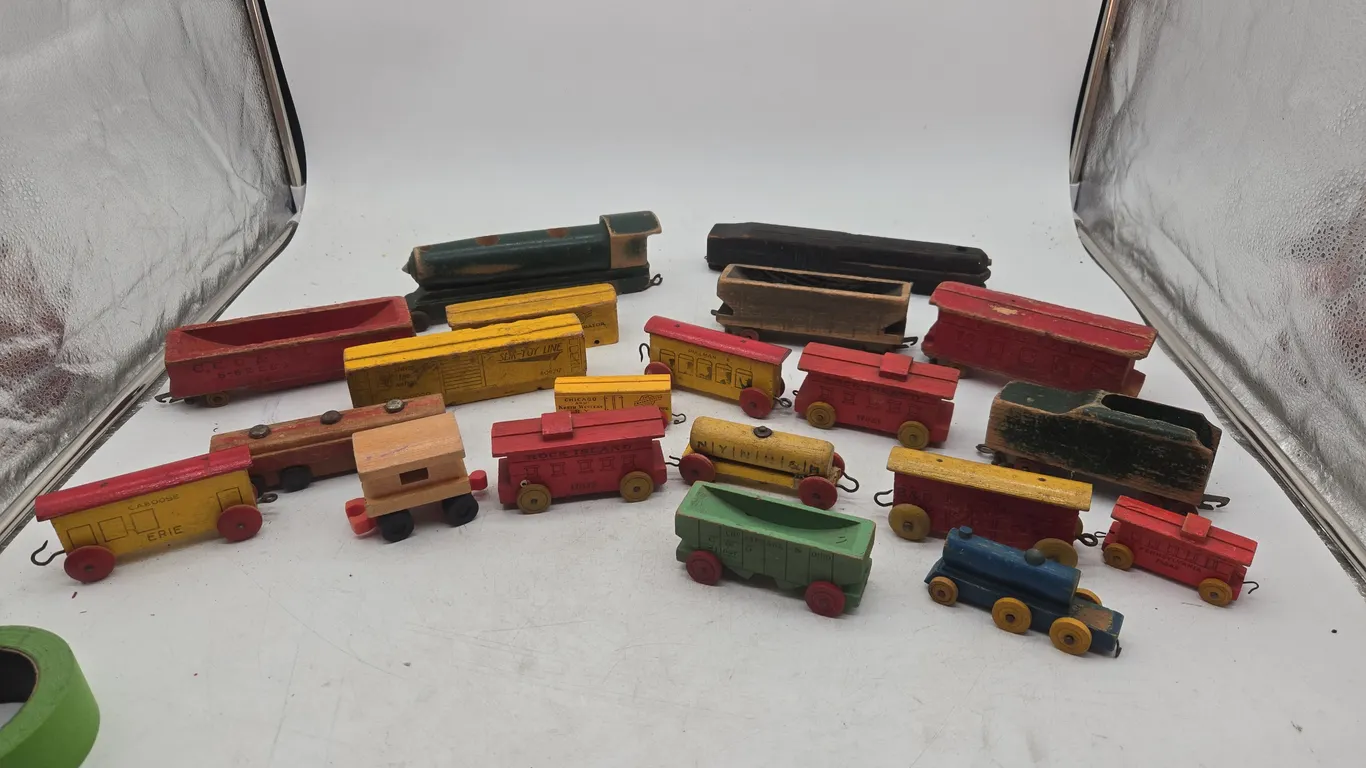 Assorted wooden handmade train cars