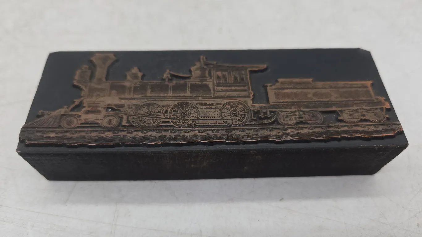 Antique brass steam engine locomotive and tender ink stamp