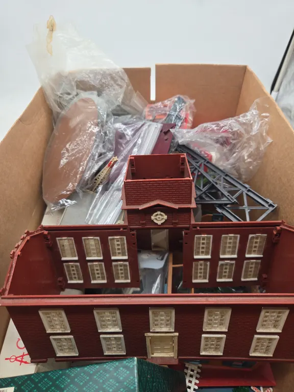 Large assortment of vintage train layout accessories buildings and more