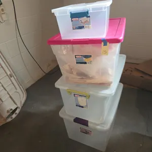 Assorted plastic storage totes