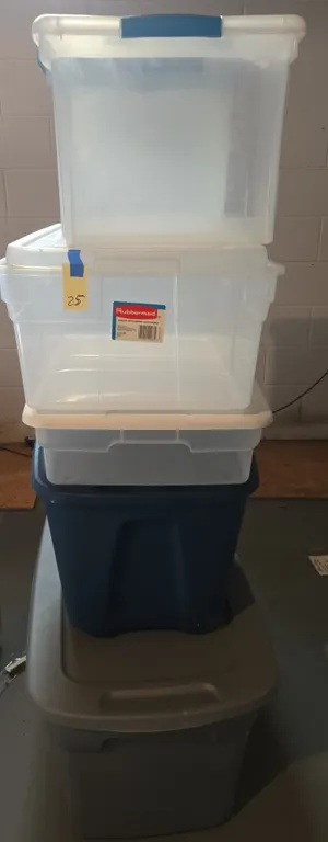 Assorted plastic storage totes