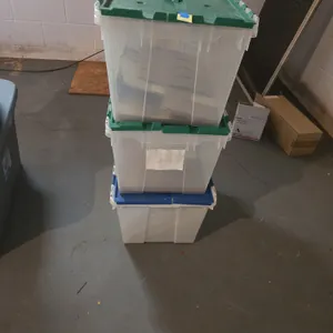 Assorted plastic storage totes
