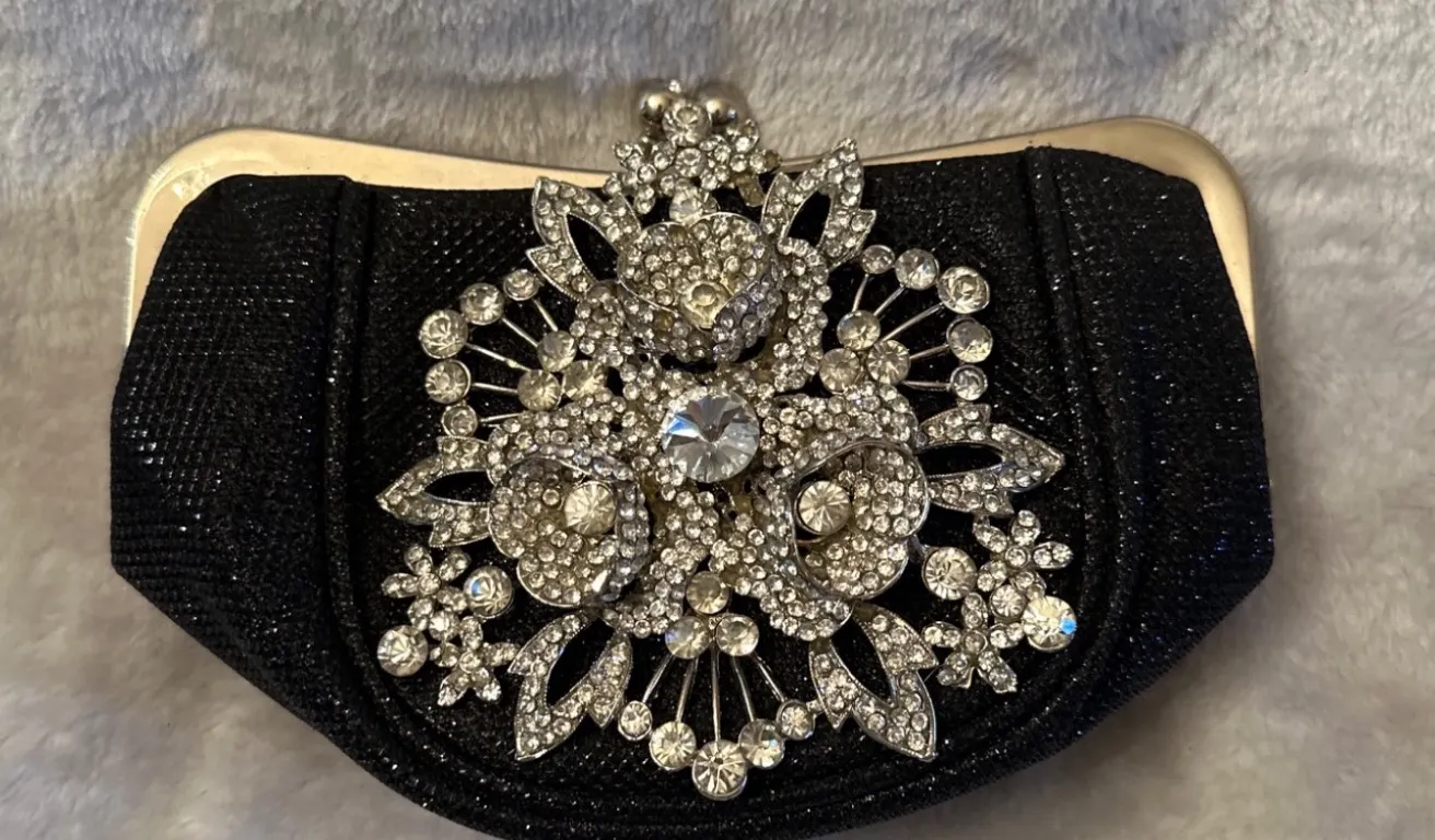 Black Beaded Evening Clutch With Rhinestone Floral Detail and Chain