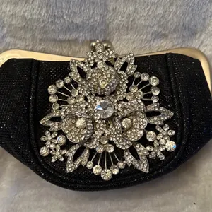 Black Beaded Evening Clutch With Rhinestone Floral Detail and Chain