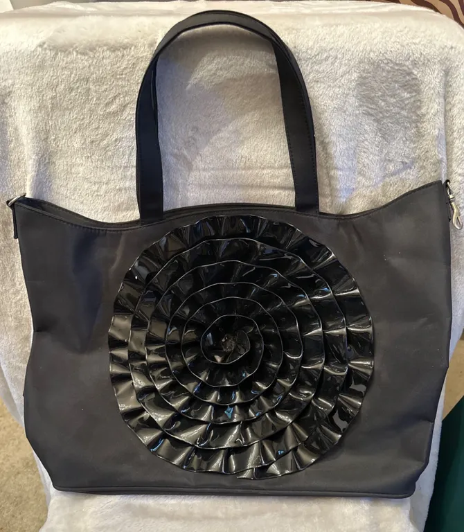 Black Tote Bag with Spiral Flower Design and Ruffled Trim