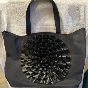 Black Tote Bag with Spiral Flower Design and Ruffled Trim