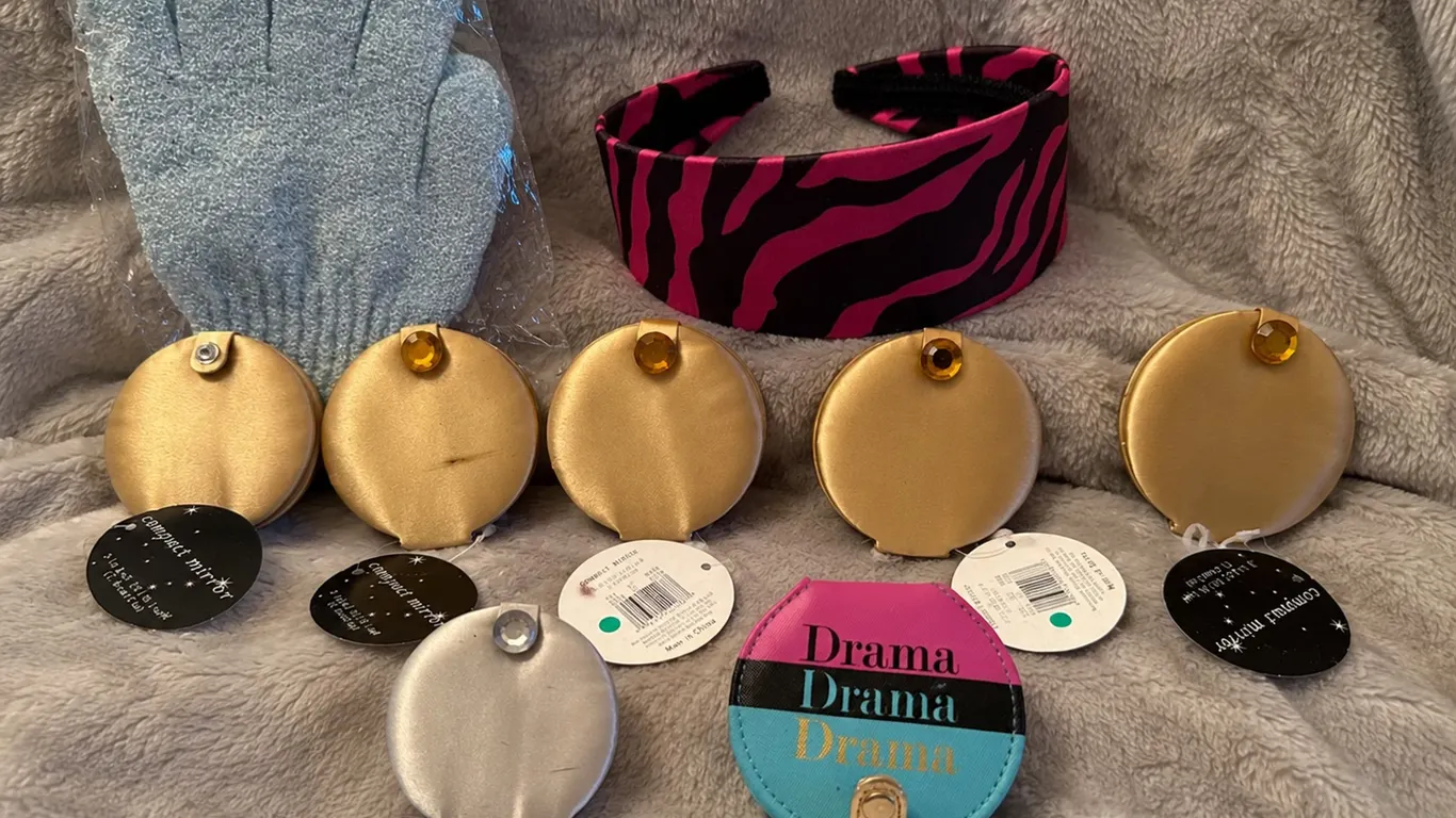 Compact Mirrors, Exfoliating Gloves and Pink/Black Zebra Headband