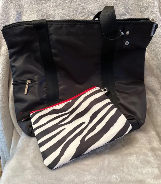 Black Nylon Tote With Zebra-Print Pouch and Red Accents