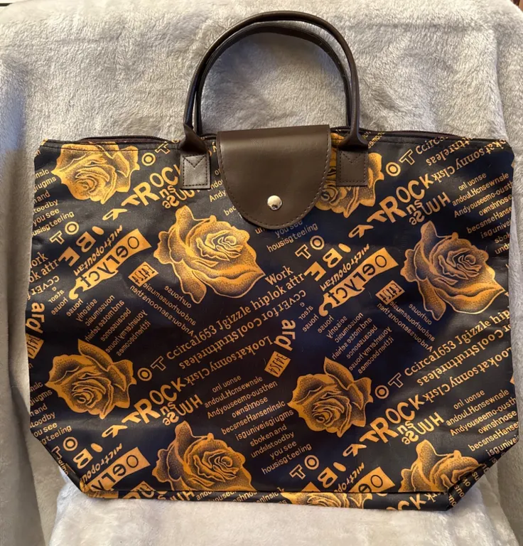 Black and Gold Tote Bag With Rose and Text Design