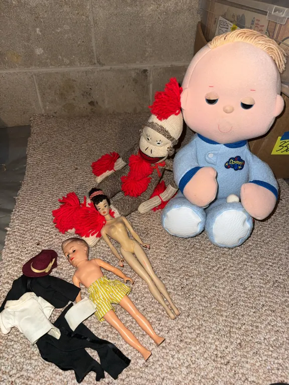 Vintage Dolls, Sock Monkey & Dozzy Plush Toy