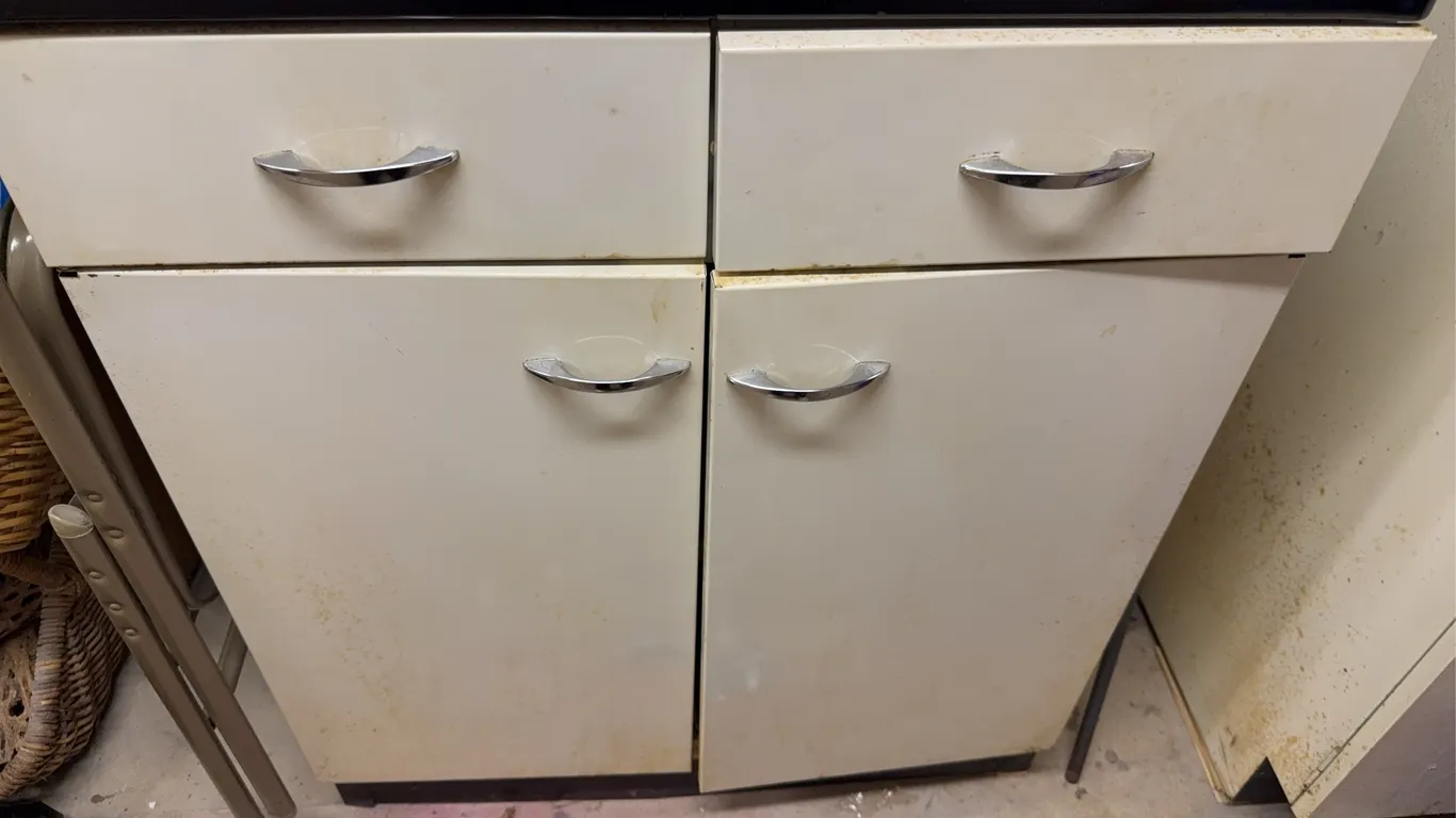 Vintage Metal Kitchen Cabinet with White Top & Chrome Handles
