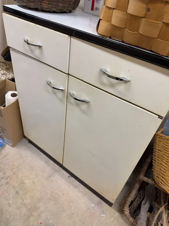 Vintage Metal Kitchen Storage Cabinet with White Enamel Top