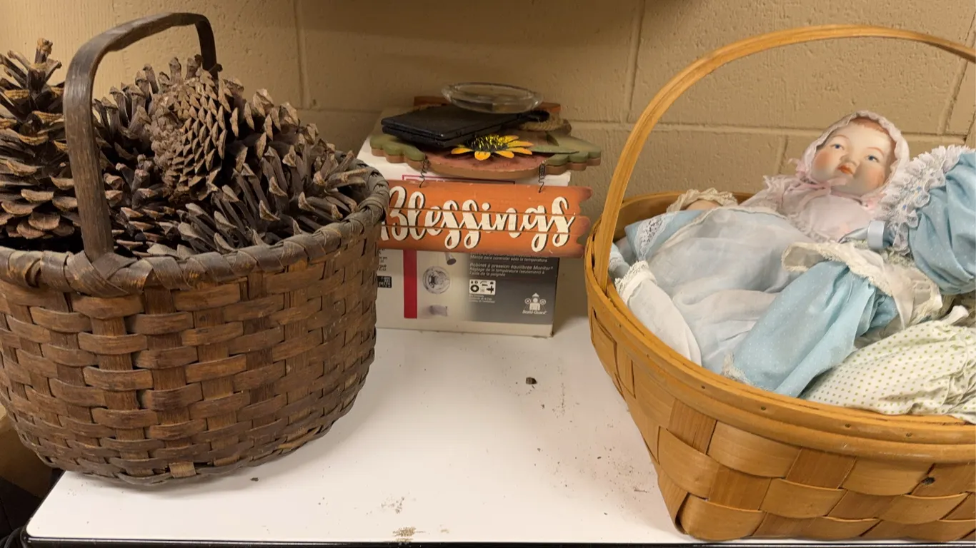 Vintage Woven Baskets, Porcelain Doll & Decorative Accessories