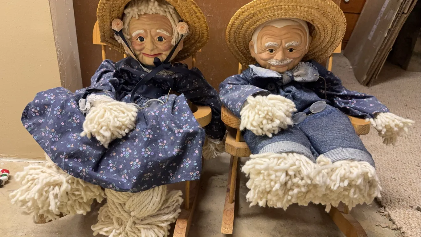 Vintage Grandma & Grandpa Dolls in Wooden Rocking Chairs