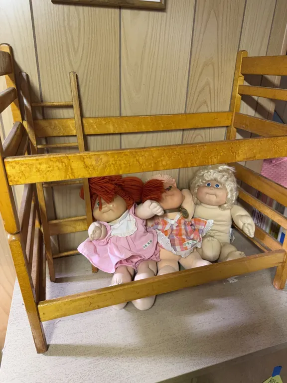 Vintage Wooden Doll Crib with Cabbage Patch Kids Dolls