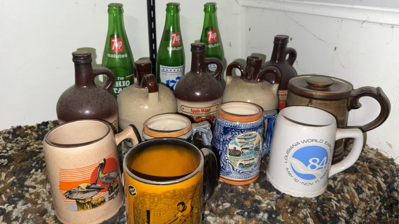 Vintage Stoneware Jugs, Beer Mugs & 7UP Ohio State Bottles