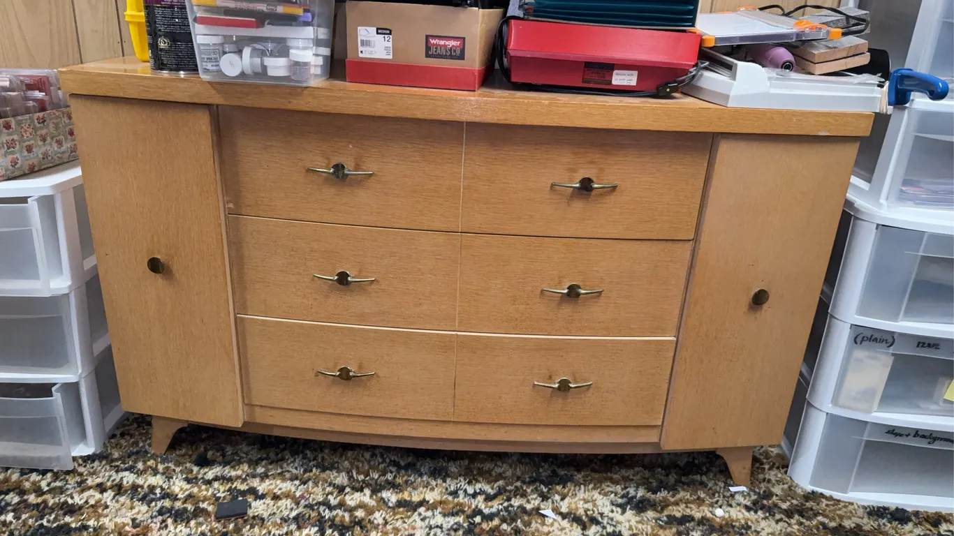 Mid-Century Style Wood Dresser with 3 Drawers & Side Cabinets