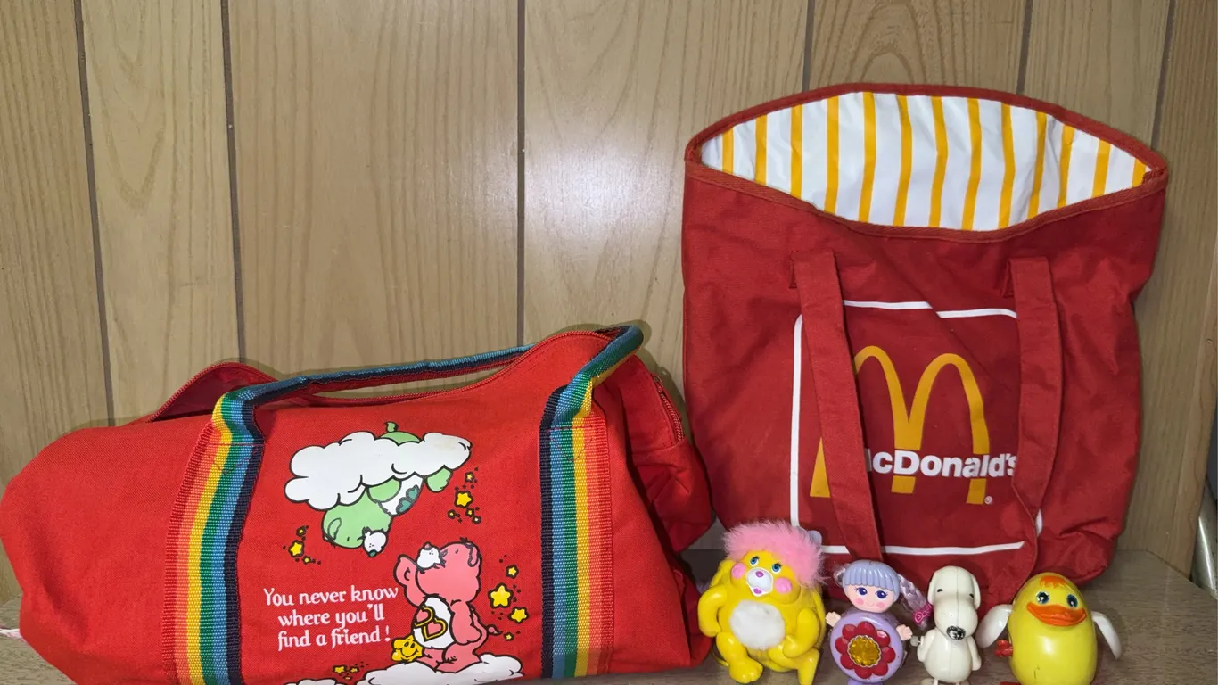 Vintage Care Bears Duffel Bag, McDonald's Tote & Toys