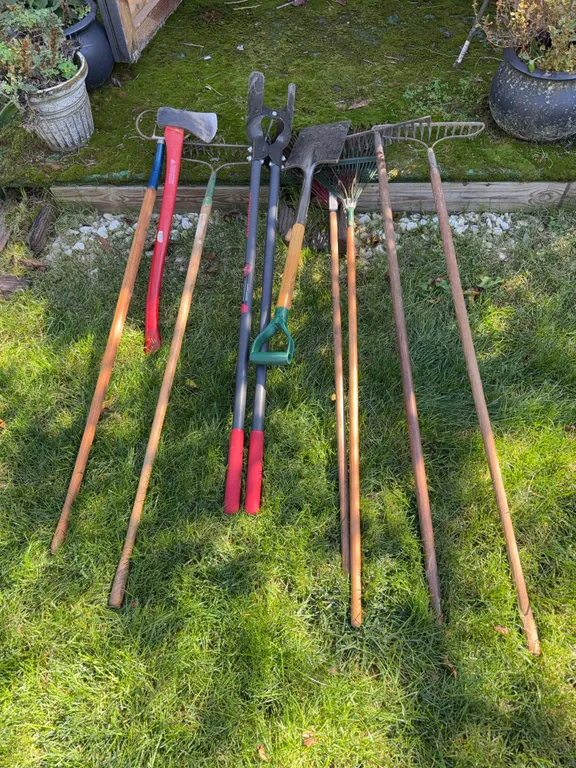 Assorted Axes, Rakes, Shovels & Long-Handled Yard Tools