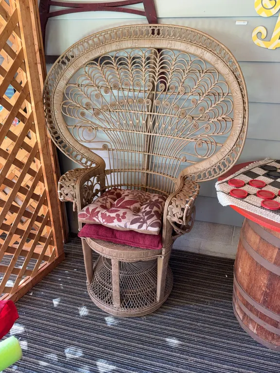 Vintage Wicker Peacock Fan Back Chair with Cushions