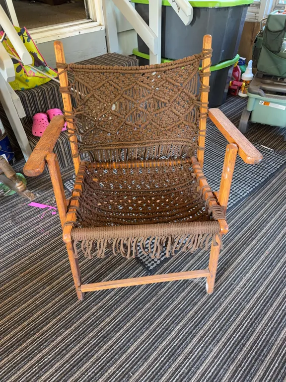 Vintage Macramé Rope & Wood Folding Lawn Chair