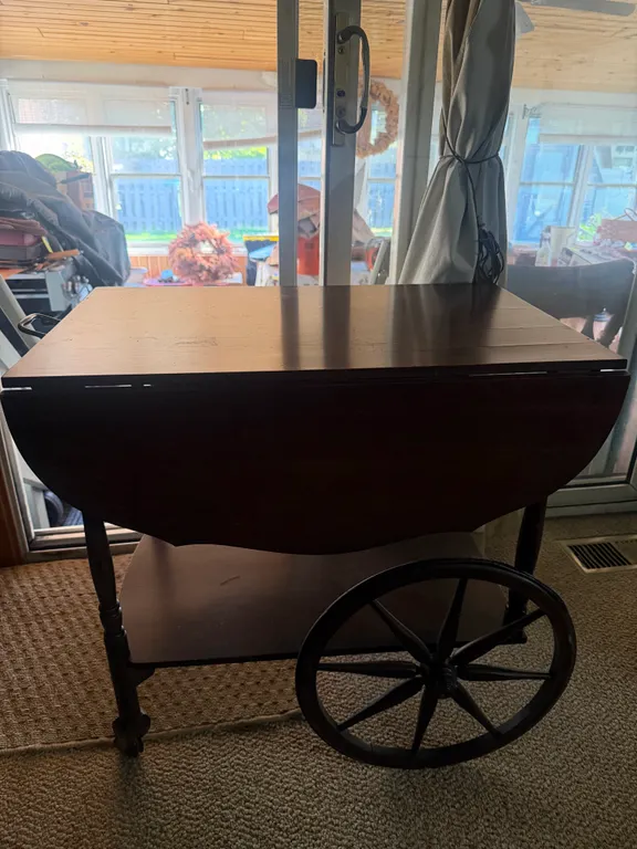 Wooden Drop-Leaf Tea Cart with Spoked Wheels