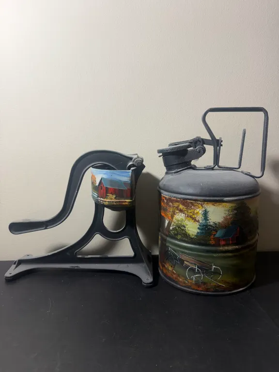 Vintage Hand-Painted Farm Scene Metal Butter Churn & Crank Mechanism