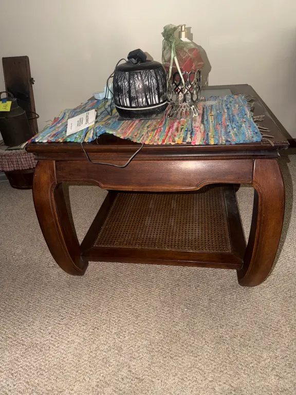 Wooden End Table with Cane Shelf & Home Décor