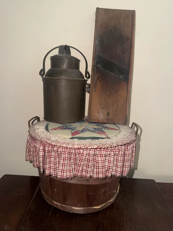 Vintage Metal Milk Can, Wooden Kraut Cutter & Covered Basket