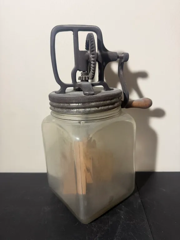 Antique Glass Butter Churn with Cast Iron Hand Crank