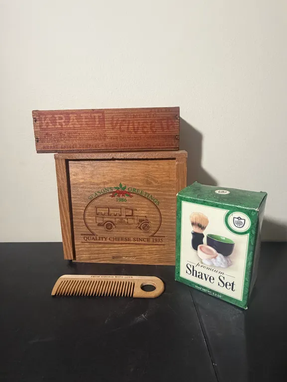Vintage Wooden Advertising Boxes & Shaving Set