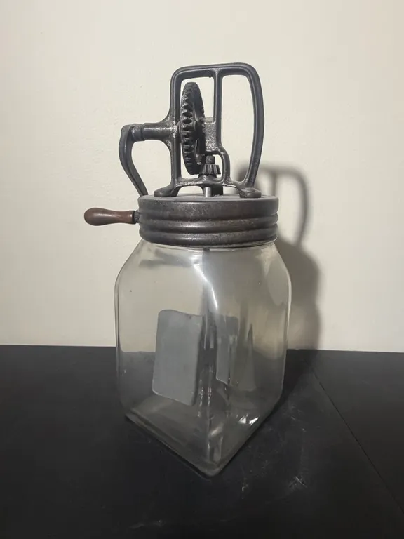 Antique Glass Butter Churn with Cast Iron Hand Crank