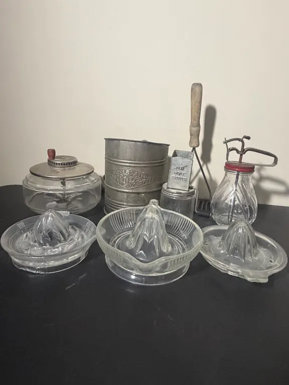 Vintage Kitchen Utensils, Glass Citrus Juicers & Flour Sifter