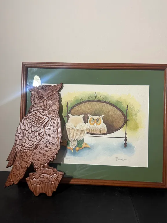 Framed Owl Artwork & Carved Wooden Owl Wall Décor