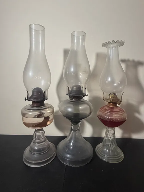 Vintage Glass Oil Lamps with Chimneys – Set of 3