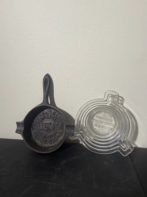 Vintage Cast Iron Advertising Ashtray & Glass Advertising Ashtray